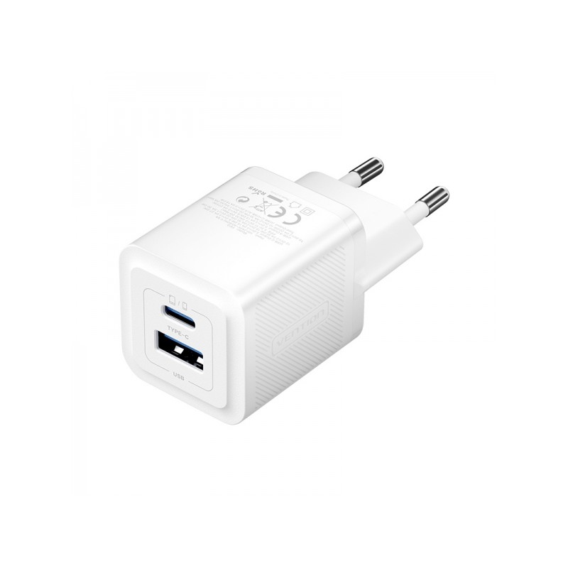 Vention Caricatore da parete GaN 2 porte USB (C+A) (30W/30W) - Ricarica rapida UE - Colore bianco
