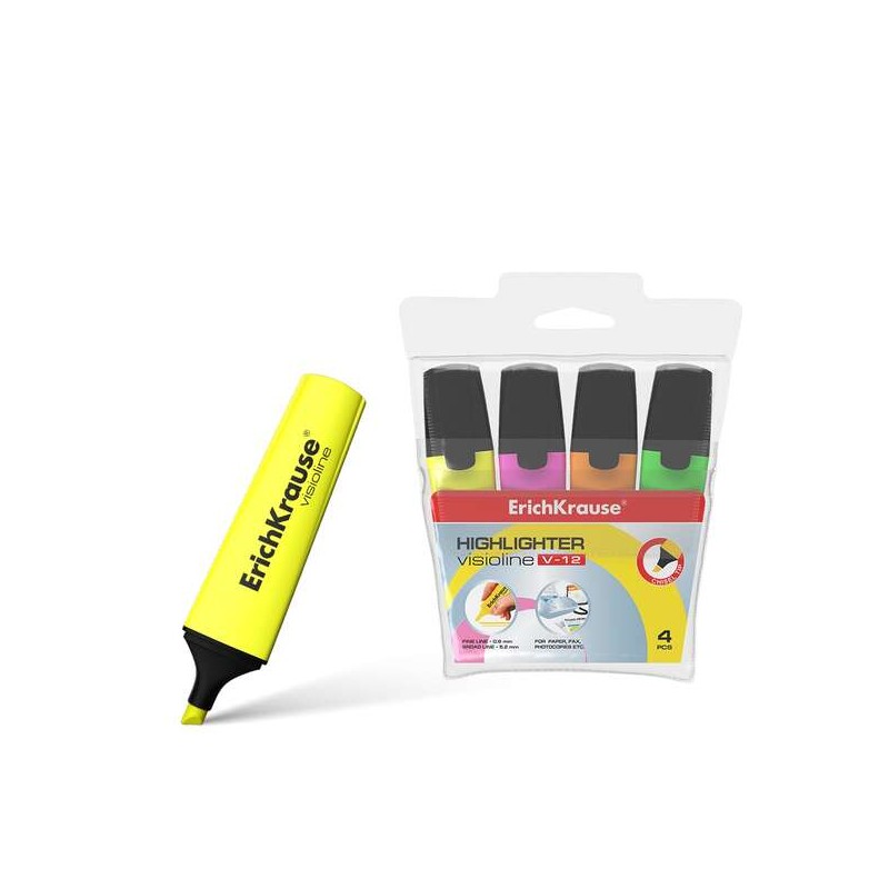 Erichkrause Visioline V-12 Confezione da 4 pennarelli fluorescenti - Punta smussata - Inchiostro a base d'acqua - Colori