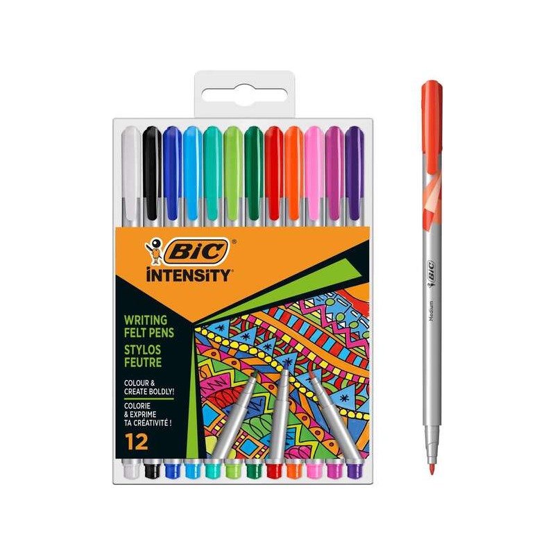 Bic Intensity Medium confezione da 12 pezzi - Punta media da 0.8 mm - Inchiostro a base d'acqua - Colori assortiti