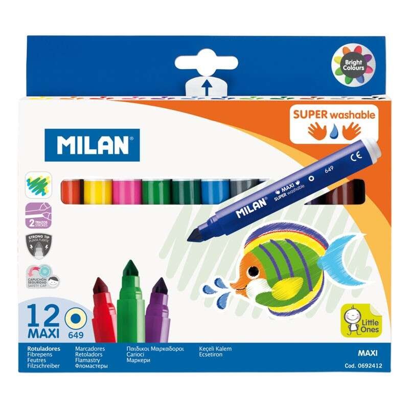 Milan Confezione da 12 Maxi Penne Super Lavabili - Punta affusolata 7.5 mm - Inchiostro a base d'acqua - Lavabile - Colo