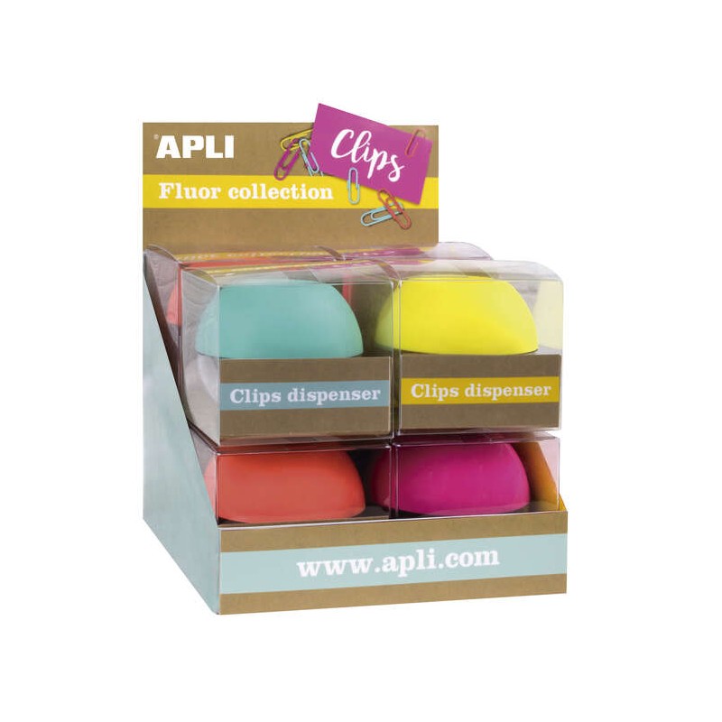 Espositore per graffette Apli Fluor Collection - Ø 70x60 mm - 8 dispenser in 4 colori - Coperchio magnetico Soft Touch 