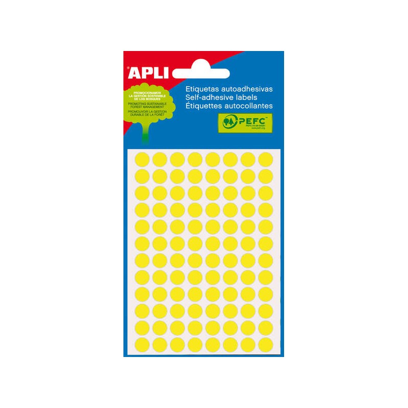 Minibag Apli di 288 etichette rotonde Ø 8 mm - 3 fogli per 96 etichette - Adesivo permanente - Colore giallo fluoro