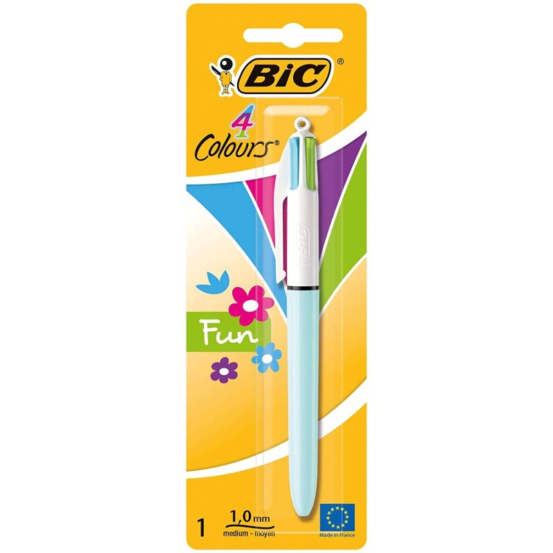 Bic 4 Colours Fun Penna a sfera retrattile - Punta media da 1.0 mm - Inchiostro a base d'olio - Colori rosa. viola. turc