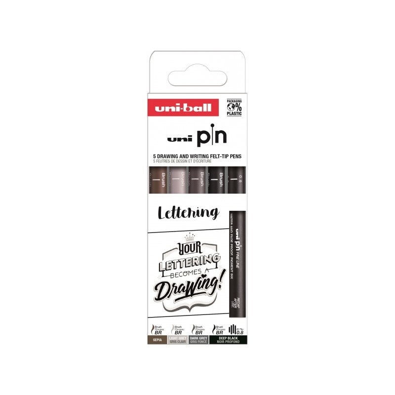 Uni-ball Uni Pin Lettering Confezione da 5 penne calibrate da 0.8 e a pennello - Punta in poliacetale - Inchiostro pigme