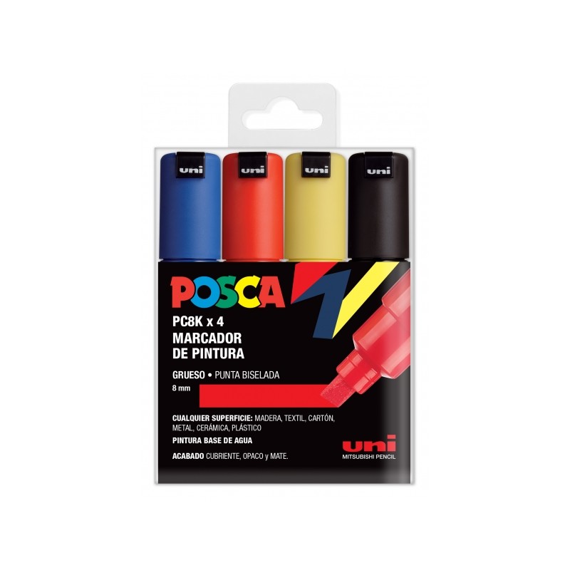 Set di 4 pennarelli Posca PC-8K - Punta smussata acrilica 8 mm - Inchiostro a base d'acqua - Non permanente - Resistente