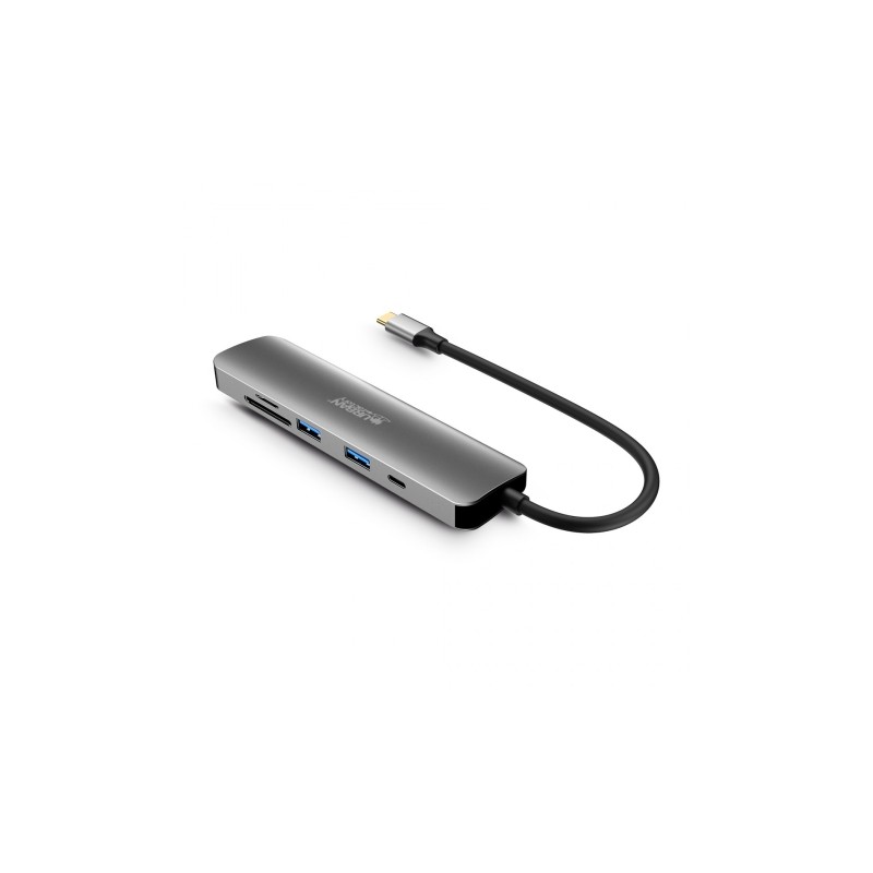 Urban Factory Hubee 6 in 1 Hub - USB-C maschio - USB-A/HDMI/USB-C/SD/MSD femmina - 100W PD - Colore Grigio Metallizzato