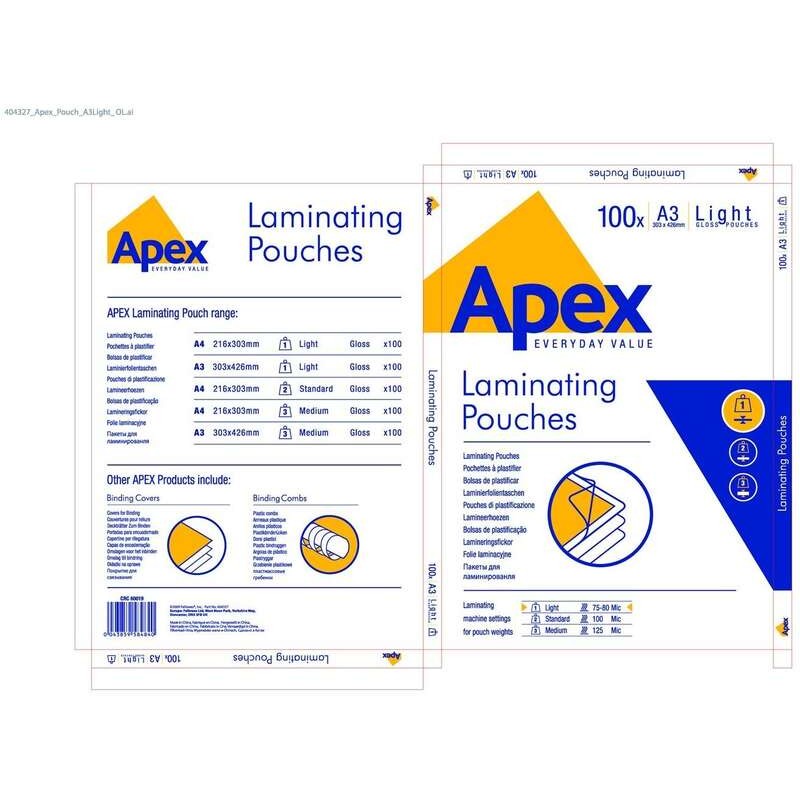 Fellowes Apex Confezione da 100 maniche di laminazione lucide A3 - 75 Micron - Alta qualità - Trasparente