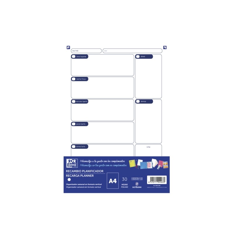 Ricarica per planner Oxford A4 30 fogli - Senza data - Ideale per organizzare gli impegni quotidiani - Compatibile con l