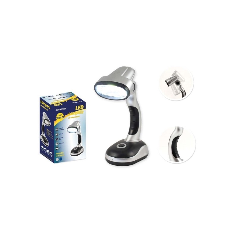 Lampada da tavolo Jupiter COB-LED 40lm - Utilizzabile anche come torcia - Alimentazione con 3 batterie AA - Argento/Nero