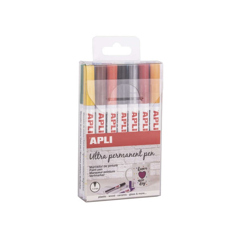 Penne a inchiostro permanente Apli - Punta fine - Confezione da 14 colori - A base di olio - Resistente all'acqua - Resi
