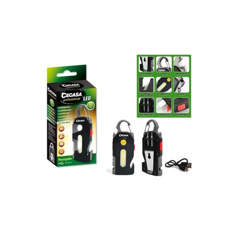 Cegasa Torcia professionale di sopravvivenza COB+1 LED fino a 400lm - Autonomia fino a 1.5h - Batteria 300mAh USB-C - Co
