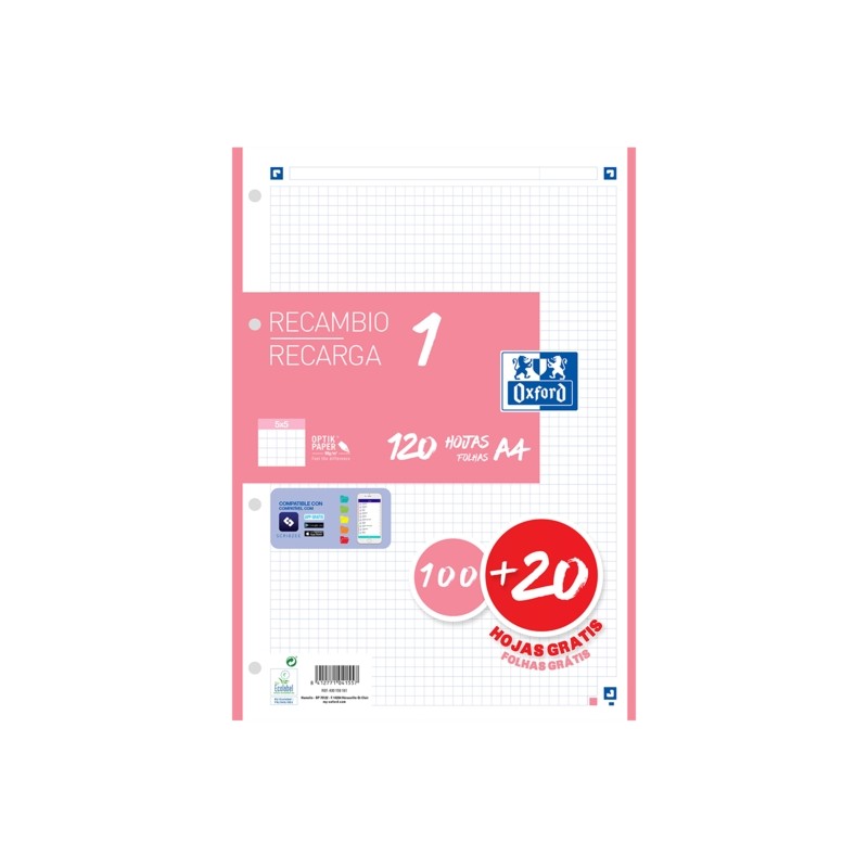 Oxford School A4 Refill 120 fogli Griglia 5x5mm - 4 fori - Striscia rosa