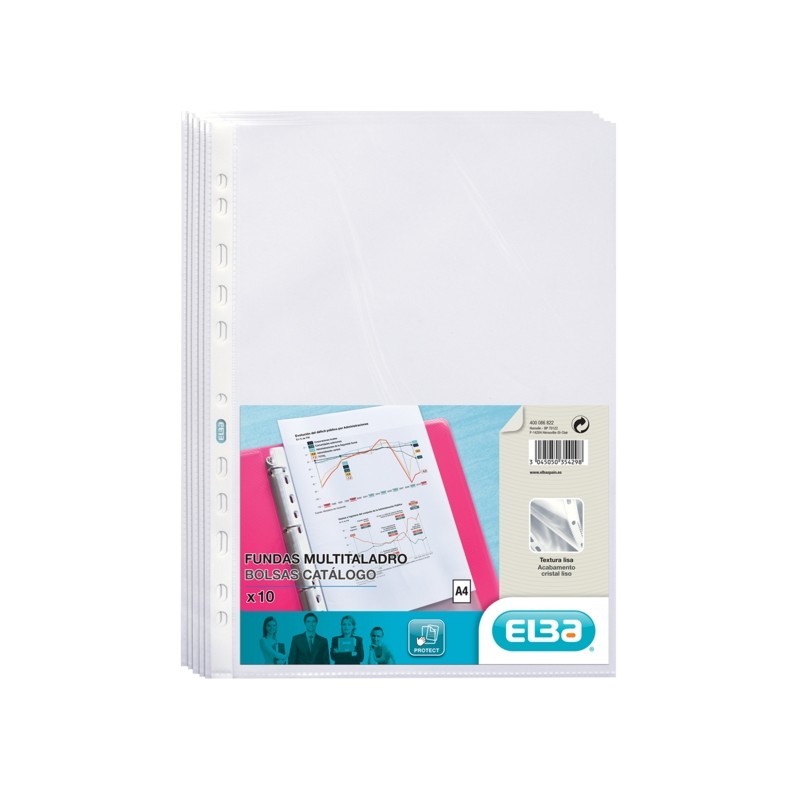 Elba Confezione da 10 Manicotti Multidrill PP 70 Micron - Formato A4 - Finitura cristallo - Trasparente