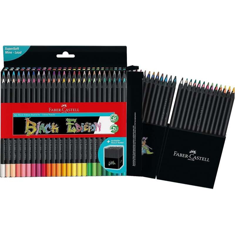 Faber-Castell Black Edition Confezione da 50 matite colorate - mina super morbida - legno nero - ideali per disegnare su
