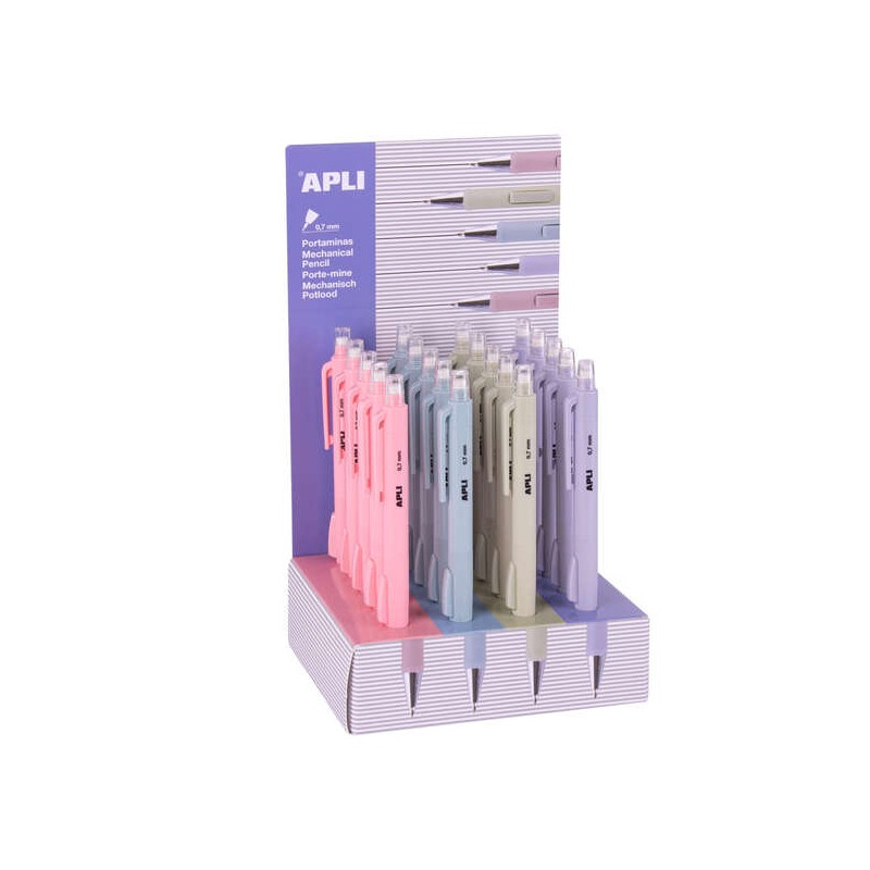 Apli Display da 20 matite meccaniche con gomma 0.7 mm - Colori pastello assortiti - Corpo