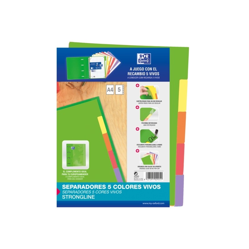 Divisori Oxford Strongline A4 a 5 posizioni - 4 fori - Cartoncino 200 g/m² - Colori assortiti