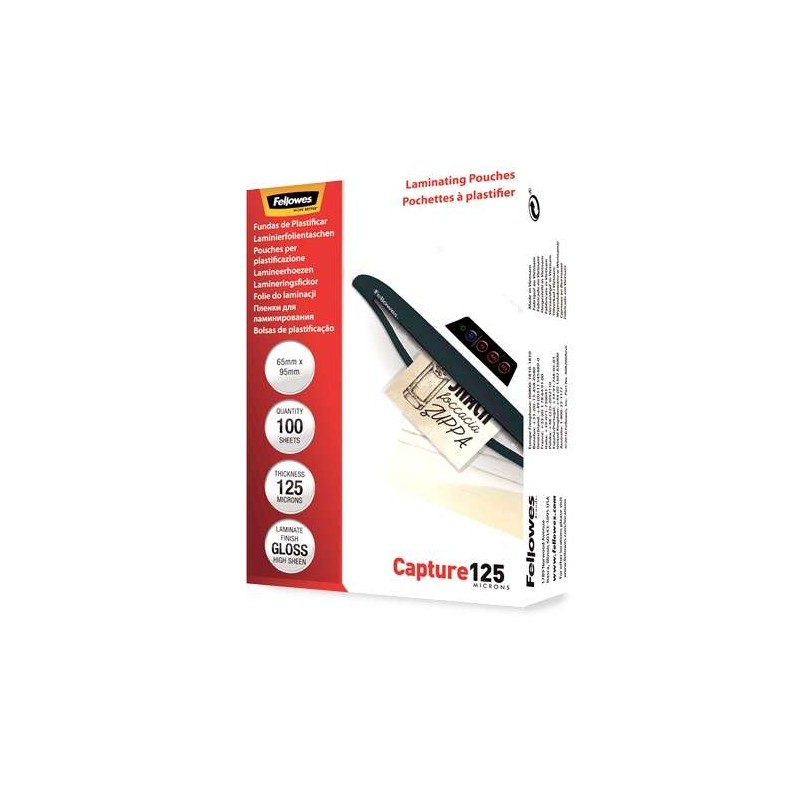 Fellowes Confezione da 125 maniche di laminazione per cartoncini lucidi 65 x 95 mm - 125 Micron - Alta qualità - Traspa