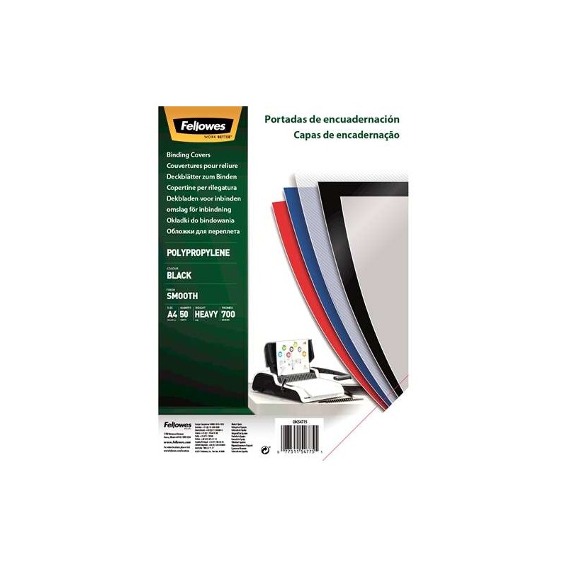 Fellowes Confezione da 50 copertine A4 in polipropilene - 700 Micron - Alta qualità - Nero - Colore nero