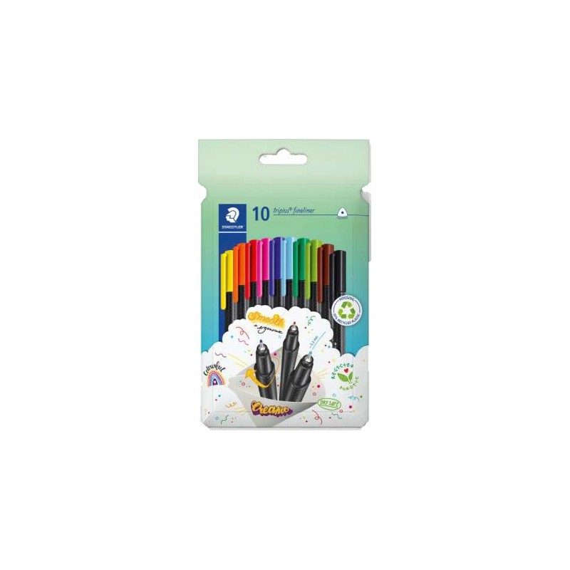 Staedtler Triplus Fineliner 334 Confezione da 10 pennarelli a punta fine in scatola di cartone - tratto 0.3 mm circa - d