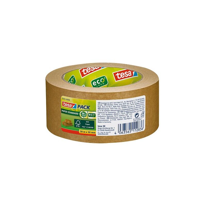 Tesa Tesapack Paper Nastro adesivo standard 50mmx50m - Realizzato con il 56% di materiali biodegradabili - Carta proveni