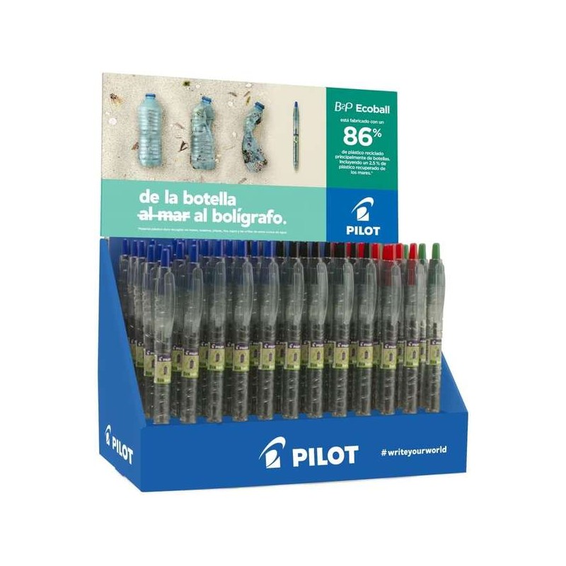 Pilot Display 60 B2P Ecoball BeGreen + 10 B2P Gel BeGreen Penne a sfera retraibili - 86.64% plastica riciclata - Ricaric