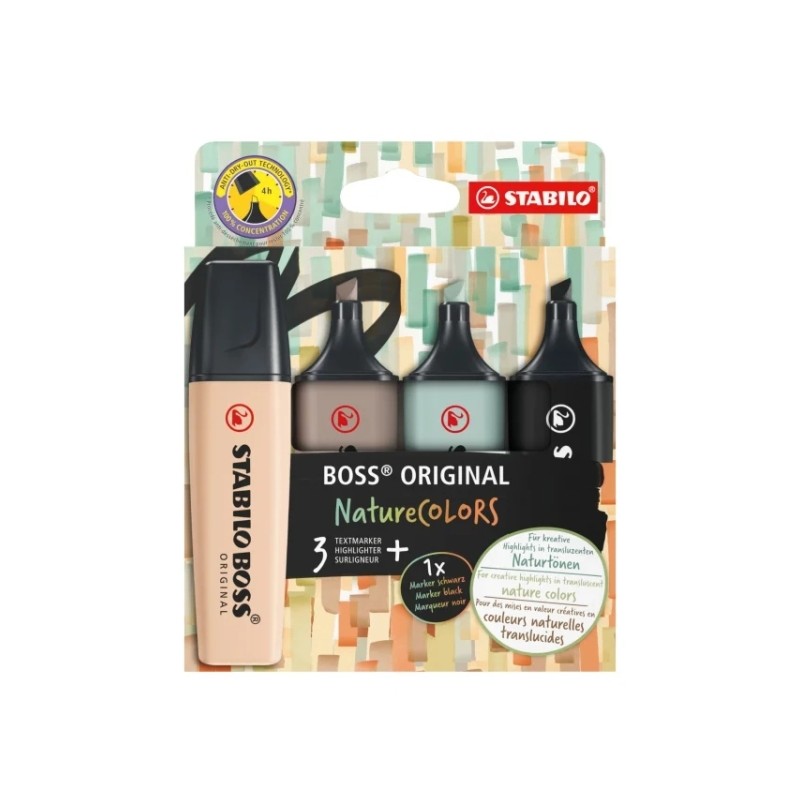 Stabilo Boss Naturecolors Confezione da 4 pennarelli - Linea da 2 a 5 mm - Inchiostro a base d'acqua - Colori nero. beig