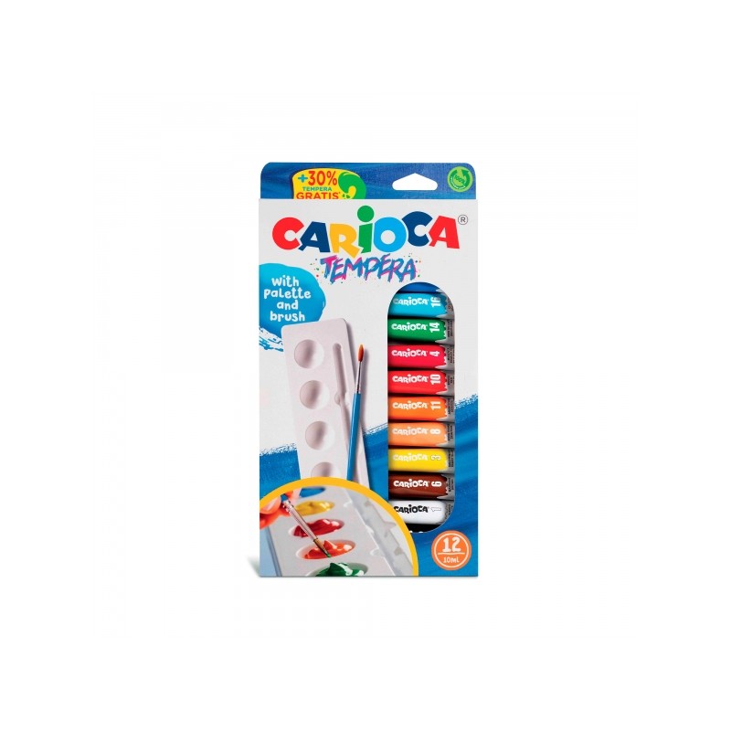 Carioca Confezione da 12 tubetti di tempera 10ml + pennello e tavolozza - Alto potere coprente - Applicabile su material