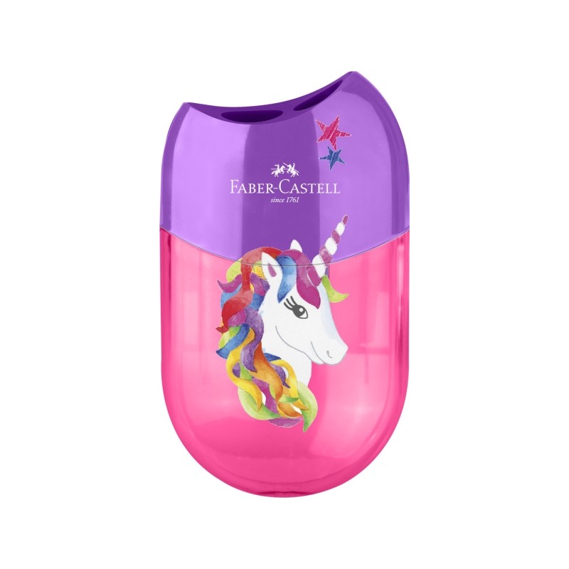Faber-Castell Unicorn Temperamatite a 2 fori con tramoggia - Attraente design a unicorno - Colore rosa/viola