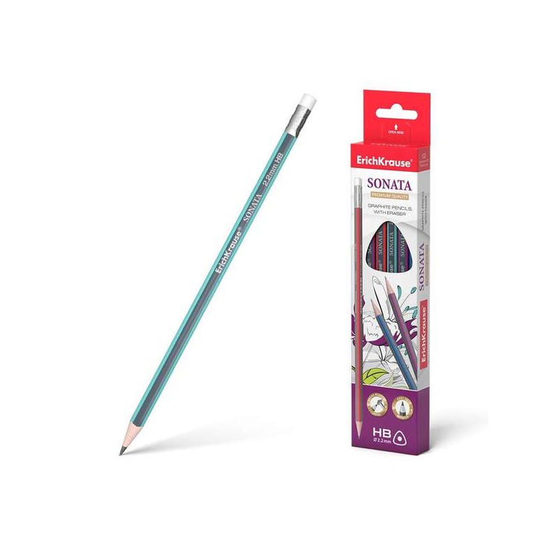 Erichkrause Sonata HB - Matita triangolare in grafite con gomma - Legno selezionato - Durezza HB - Resistente agli urti 