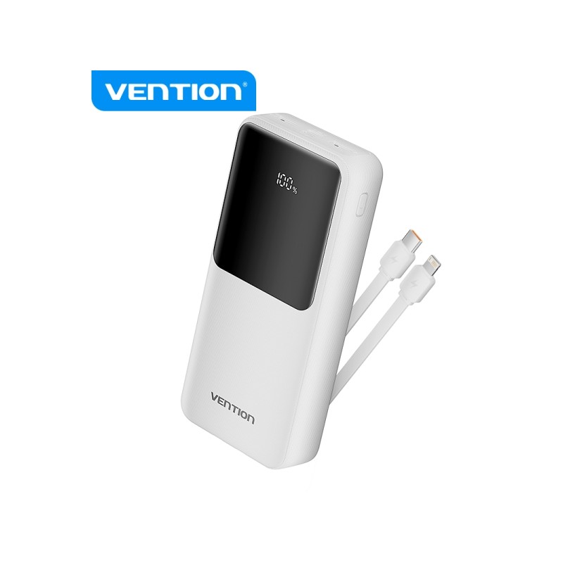 Vention Power Bank 20.000mAh - Interfacce USB multiple - Ricarica rapida - Cavo USB-C incluso - Colore bianco