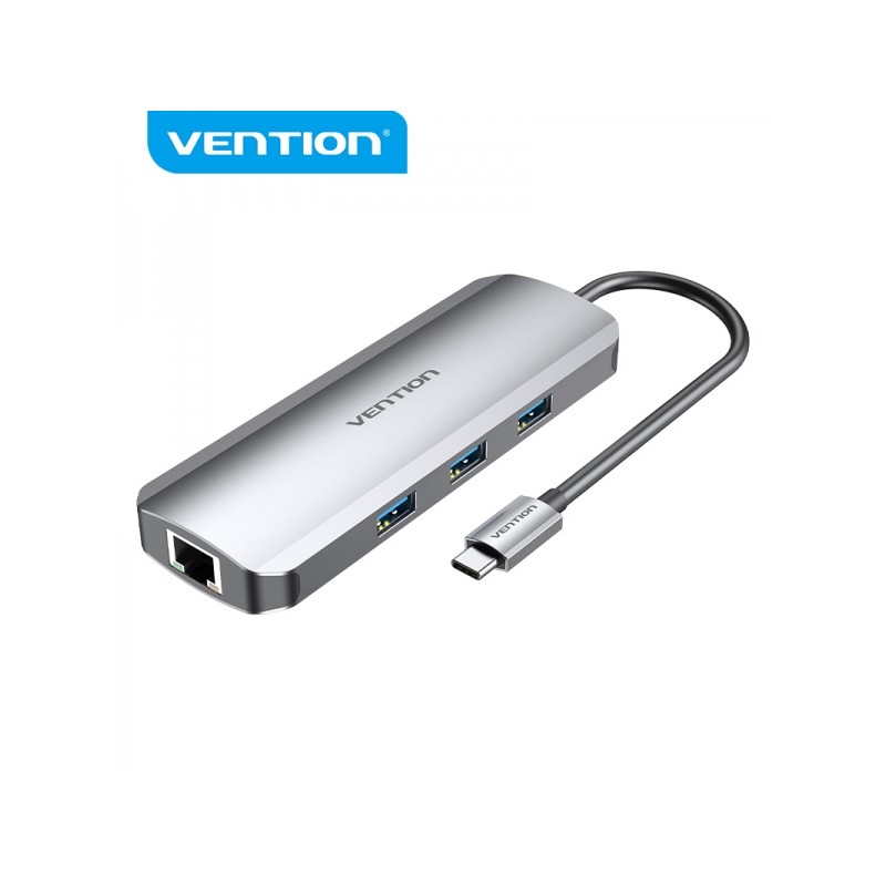 Vention Docking Station 9 in 1 da USB-C a HDMI 4K/3xUSB3.0/RJ45/lettore SD/MicroSD/jack audio/PD100W - 0.15 m - Colore g