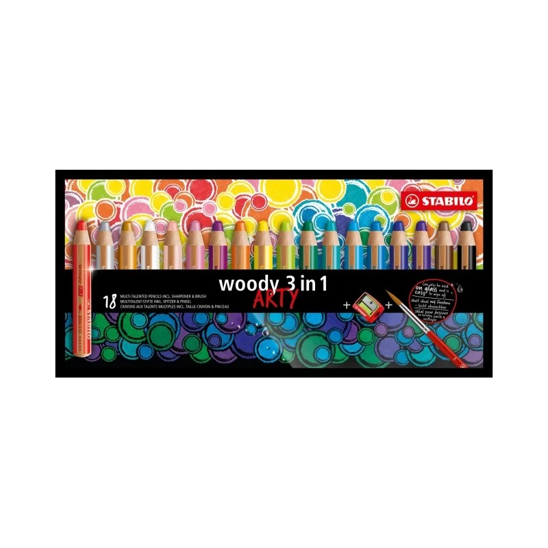 Stabilo Woody 3 in 1 Confezione da 18 matite colorate + temperamatite + pennello - Matita colorata. matita a cera e acqu