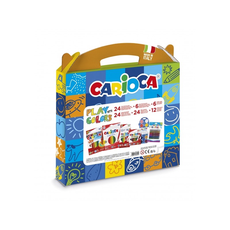 Carioca Play + Colors Confezione in plastica - 18 matite colorate - 12 acquerelli - 6 pennarelli a punta maxi Jumbo - 4 