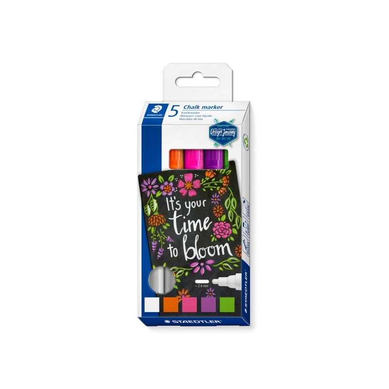 Staedtler Lumocolor 344 Confezione da 5 pennarelli a gesso liquido - Tratto 2.4 mm circa - Facile da pulire - Colori ass