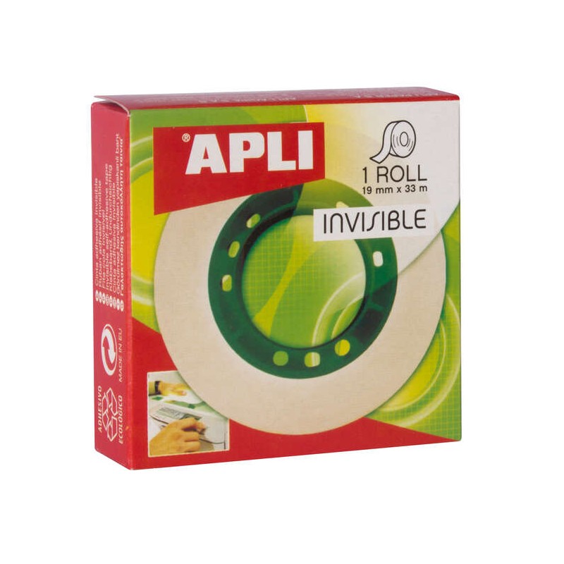 Apli Nastro adesivo invisibile 19 mm x 33 m - Facile da tagliare - Resistente - Ideale per l'ufficio - Trasparente