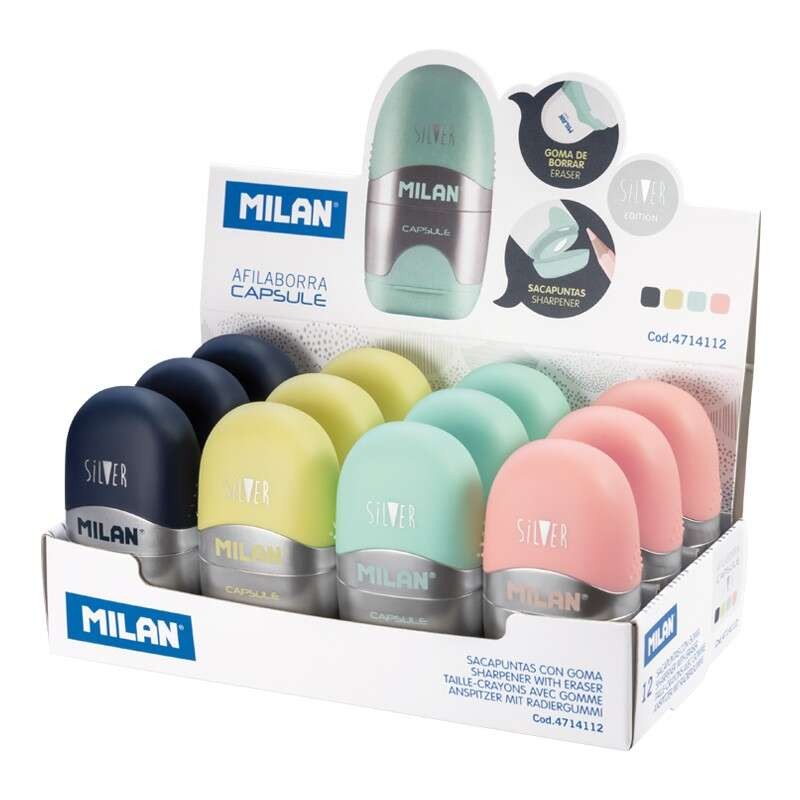 Milan Capsule Silver Display di 12 affilatori - Lama d'acciaio - Gommino - Lama di sicurezza - Colori assortiti