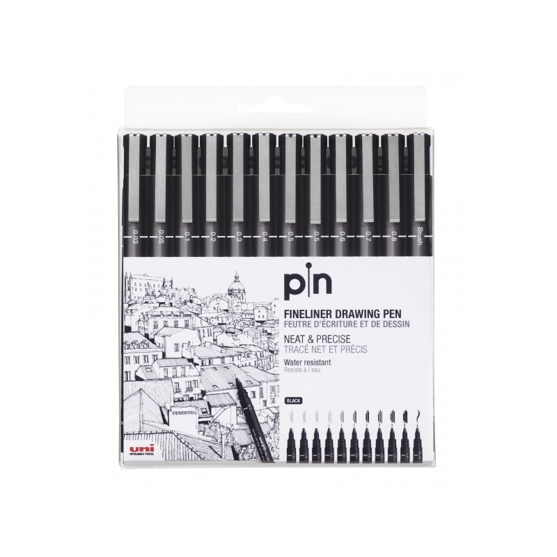 Uni-ball Uni Pin Confezione da 12 penne calibrate 0.03. 0.05. 0.1. 0.2. 0.3. 0.4. 0.5. 0.6. 0.7. 0.8. pennello - Punta i