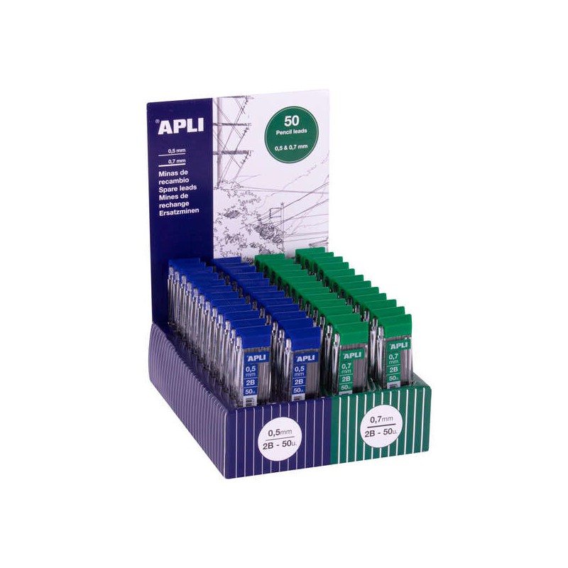 Espositore Apli da 48 set di 50 mina per matite - durezza 2B - 24 set da 0.5mm e 24 set da 0.7mm