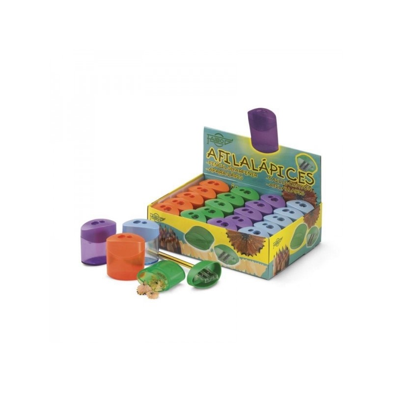 Espositore Faibo da 20 temperamatite a 2 fori con contenitore - 100% riciclabile - Colori assortiti