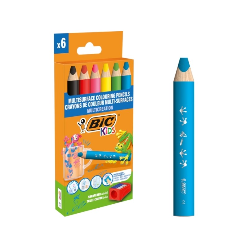Bic Kids Confezione da 6 matite colorate + temperamatite - fusto triangolare - mina cancellabile su superfici non porose