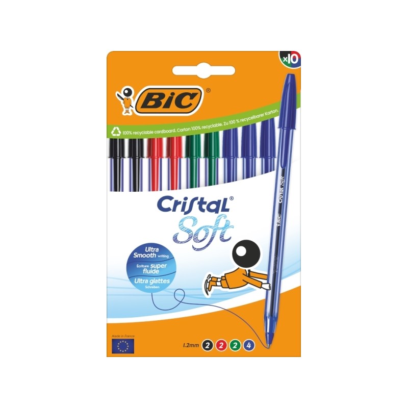 Bic Cristal Soft Confezione da 10 penne a sfera - Punta media 1.2 mm - Tratto 0.45 mm - Scrittura più scorrevole - Colo
