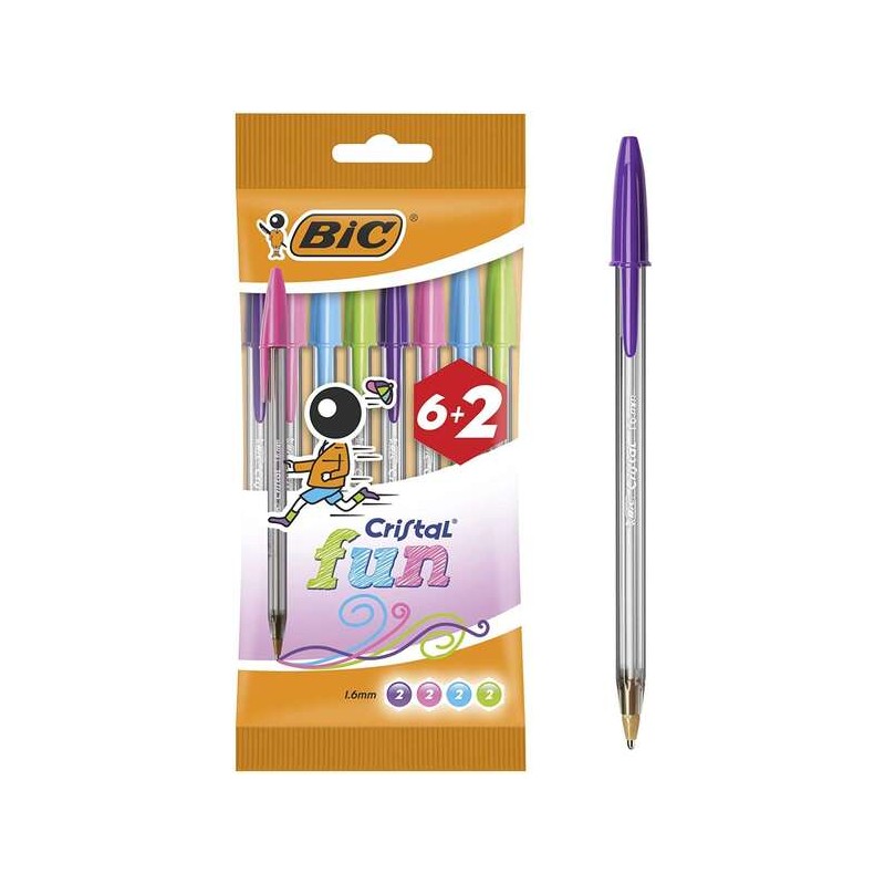 Bic Cristal Fun 6+2 Confezione da 8 penne a sfera - Punta tonda da 1.6 mm - Tratto 0.42 mm - Inchiostro a base d'olio - 