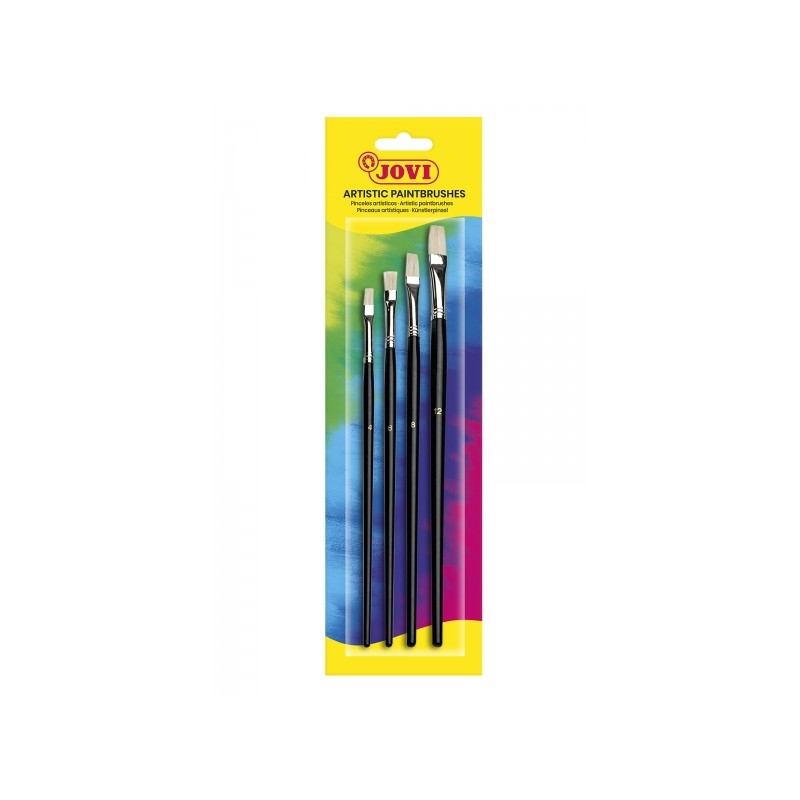 Blister di pennelli artistici Jovi con 4 pennelli piatti - Capelli naturali - Manico in legno - Punta piatta - Capelli d