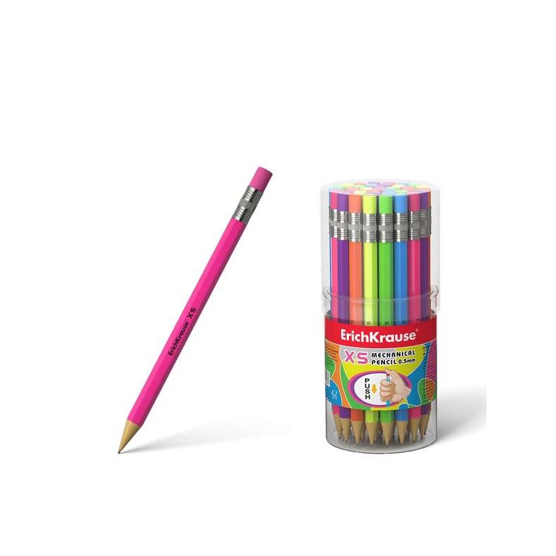 Erichkrause Matita Meccanica Xs 05 mm - Mini matita meccanica esagonale - Corpo e gomma in brillanti colori neon - Durez