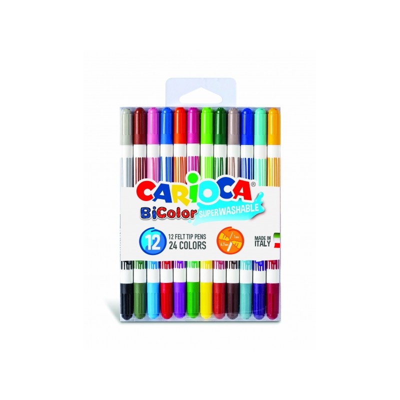 Confezione da 12 colori Carioca Bicolore - Due colori per penna - Inchiostro super lavabile - Punta conica per scrittura