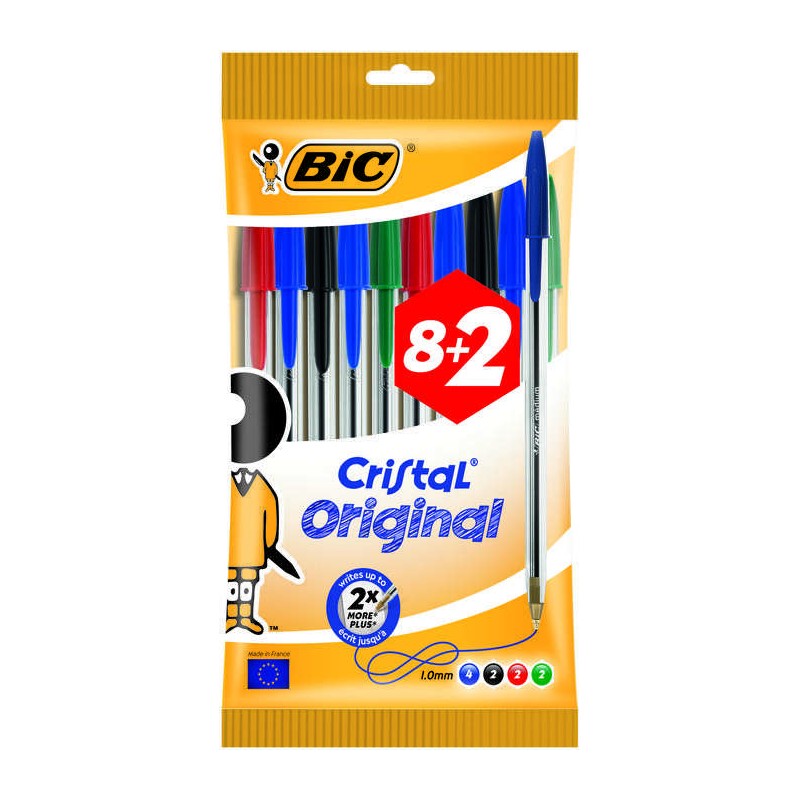 Bic Cristal Original Confezione da 10 penne a sfera - Punta tonda da 1.0 mm - Tratto 0.4 mm - Inchiostro a base di olio 