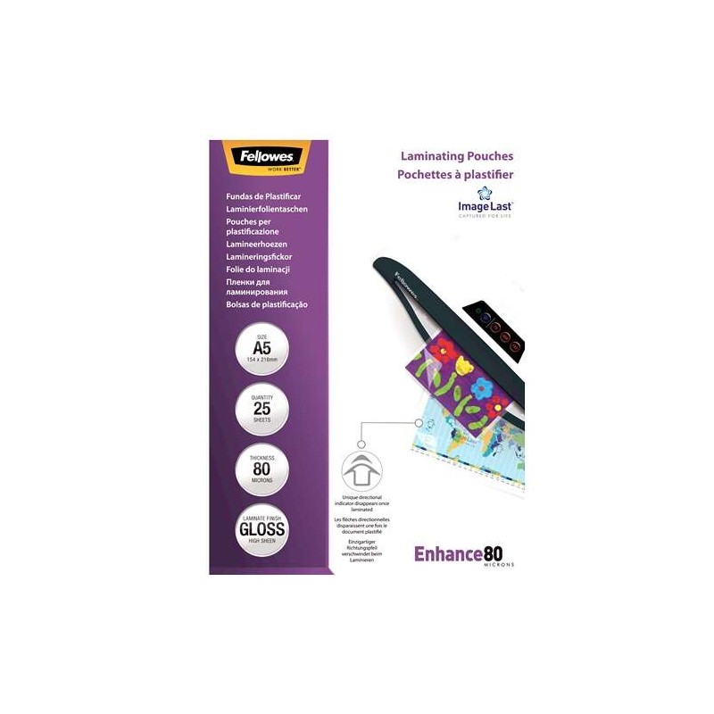 Fellowes Confezione da 25 maniche di laminazione lucide A5 - 80 Micron - Alta qualità - Trasparente