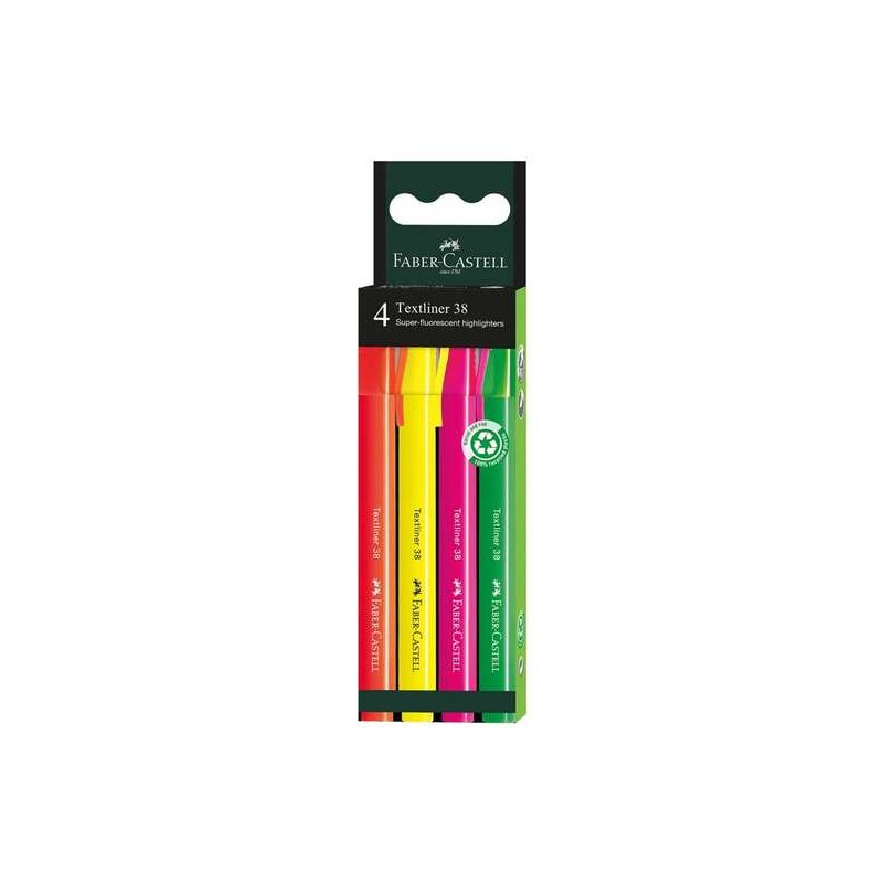Faber-Castell Textliner 38 Confezione da 4 evidenziatori - Corpo sottile - Punta smussata - Linea spessa e sottile - Inc