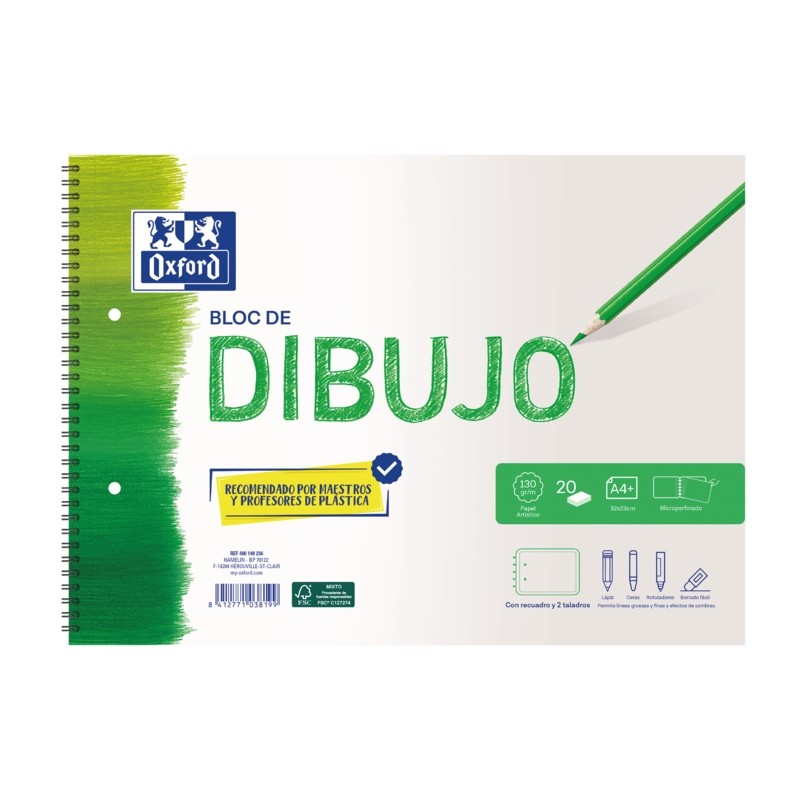 Oxford School Drawing Spiral Drawing Pad A4+ - Soft Cover/Stiff Back - 20 Sheets 130g - with Hole e 2 Hole Punch - Oxfor