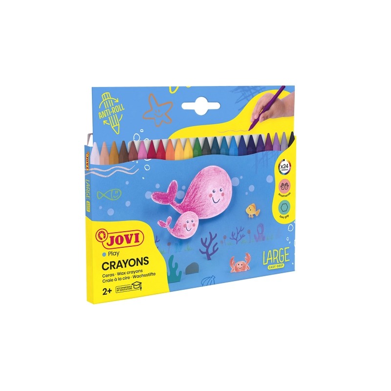 Confezione da 24 pastelli a cera esagonali in plastica Jovi Large Easy Grip - Facile rimozione della punta - Non macchia